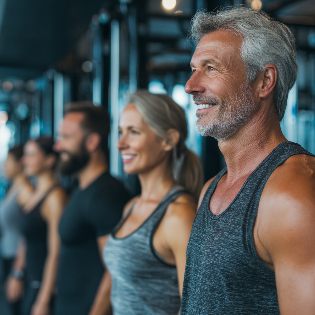 Middle-aged adults exercising with professional trainers in modern fitness facility